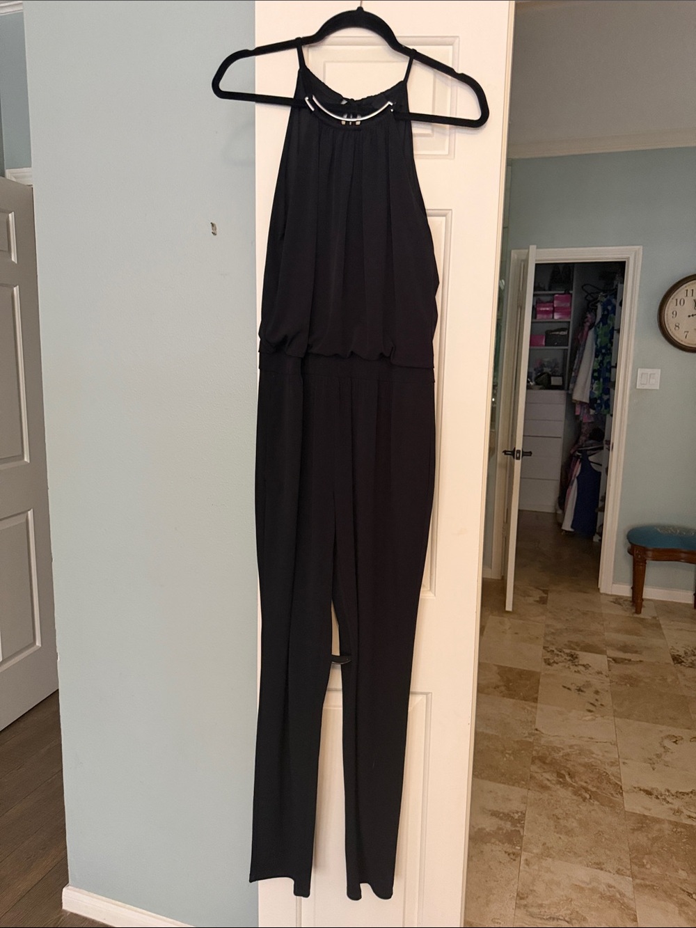 White House Black Market Black Halter Jumpsuit with Beaded Neckline
